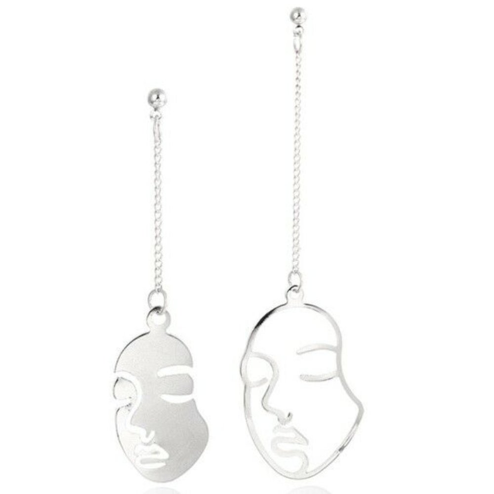 Silver Abstract Face Long Drop Retro Earrings